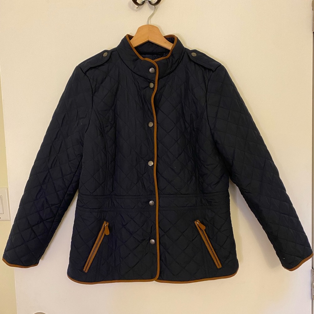 Talbots Black Quilted Jacket with Brown Trim